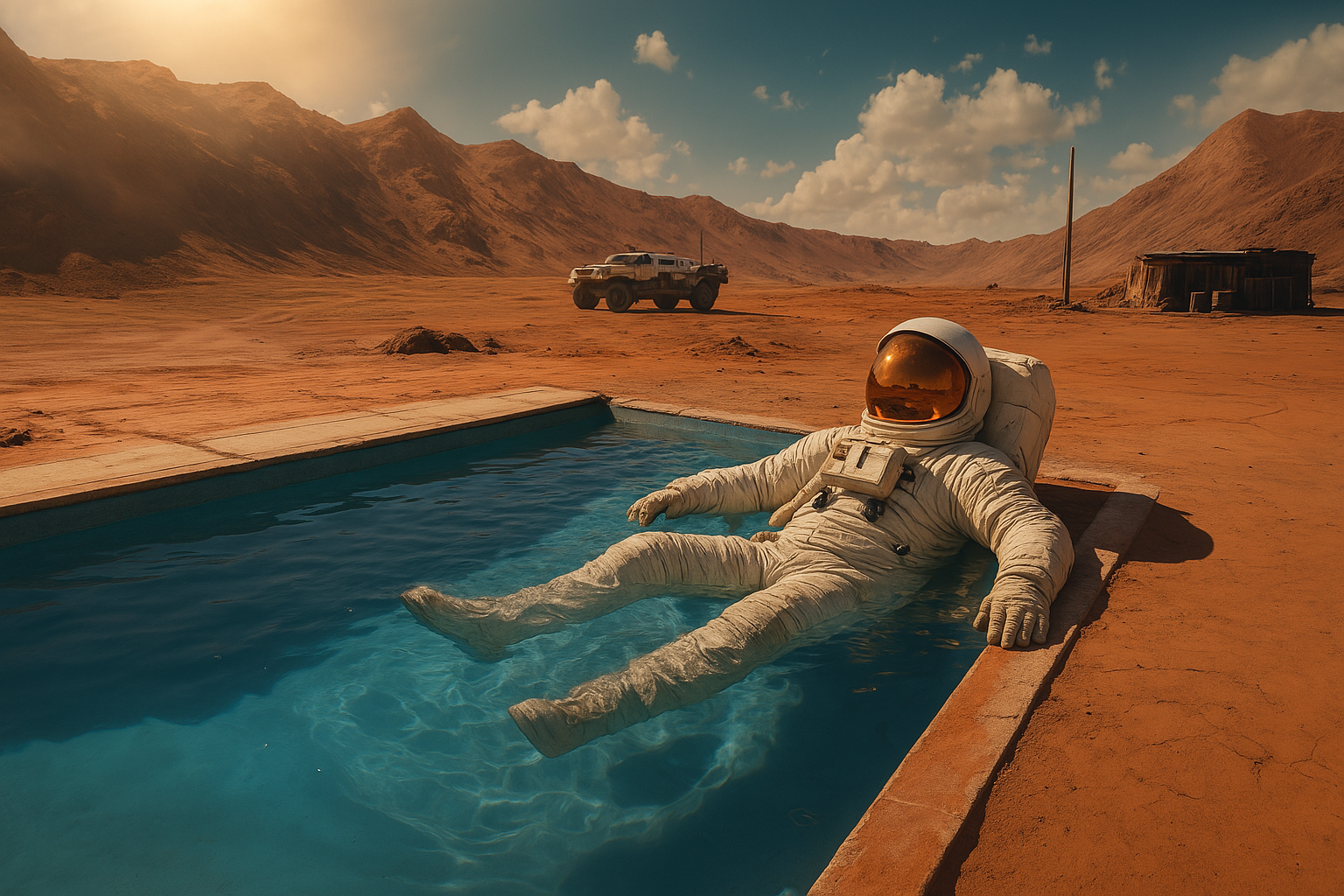 Astronaut relaxing poolside on Mars, representing the intersection of AI and creative exploration