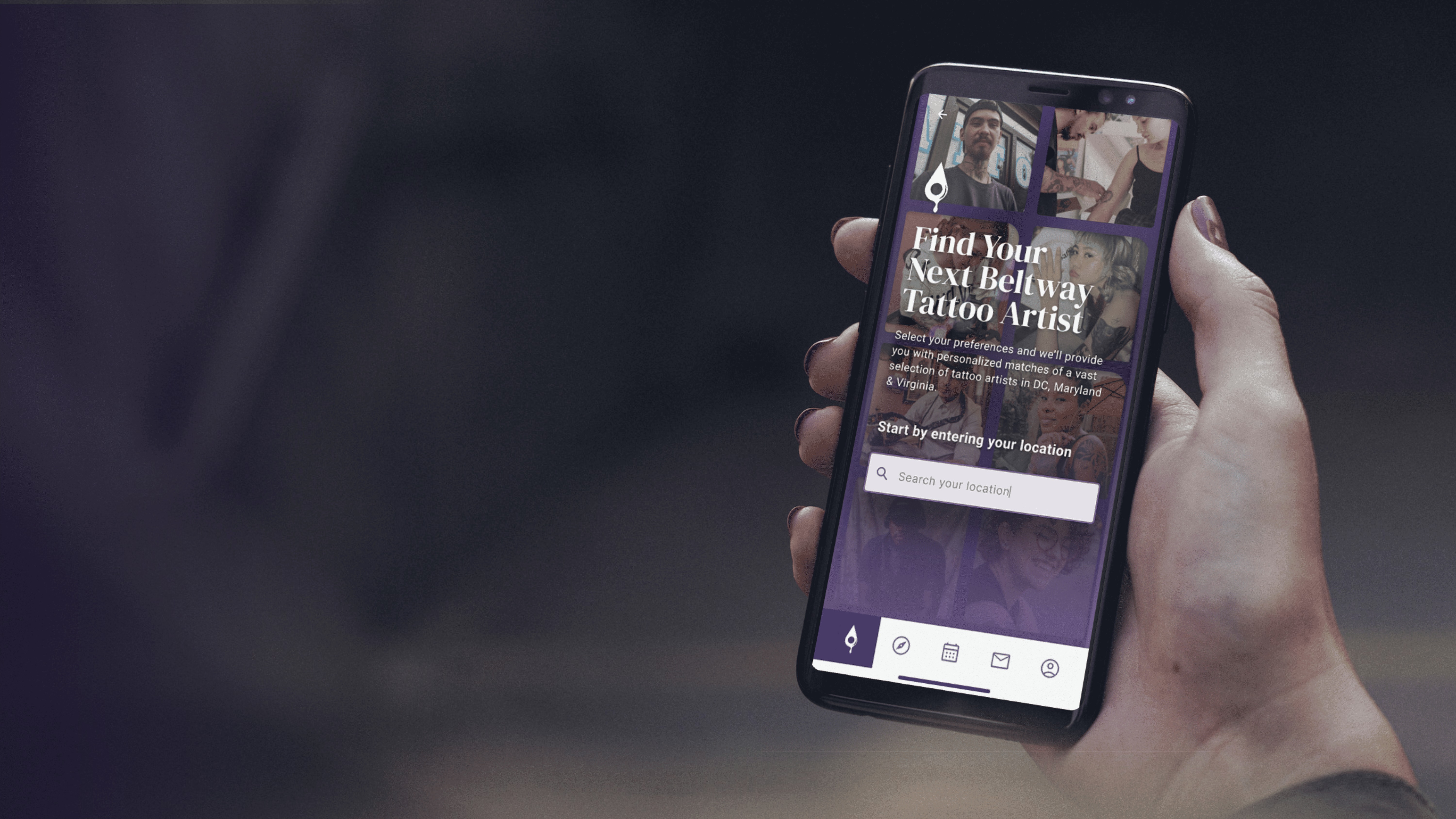 Beltway Ink app showing onboarding screen with hand holding phone