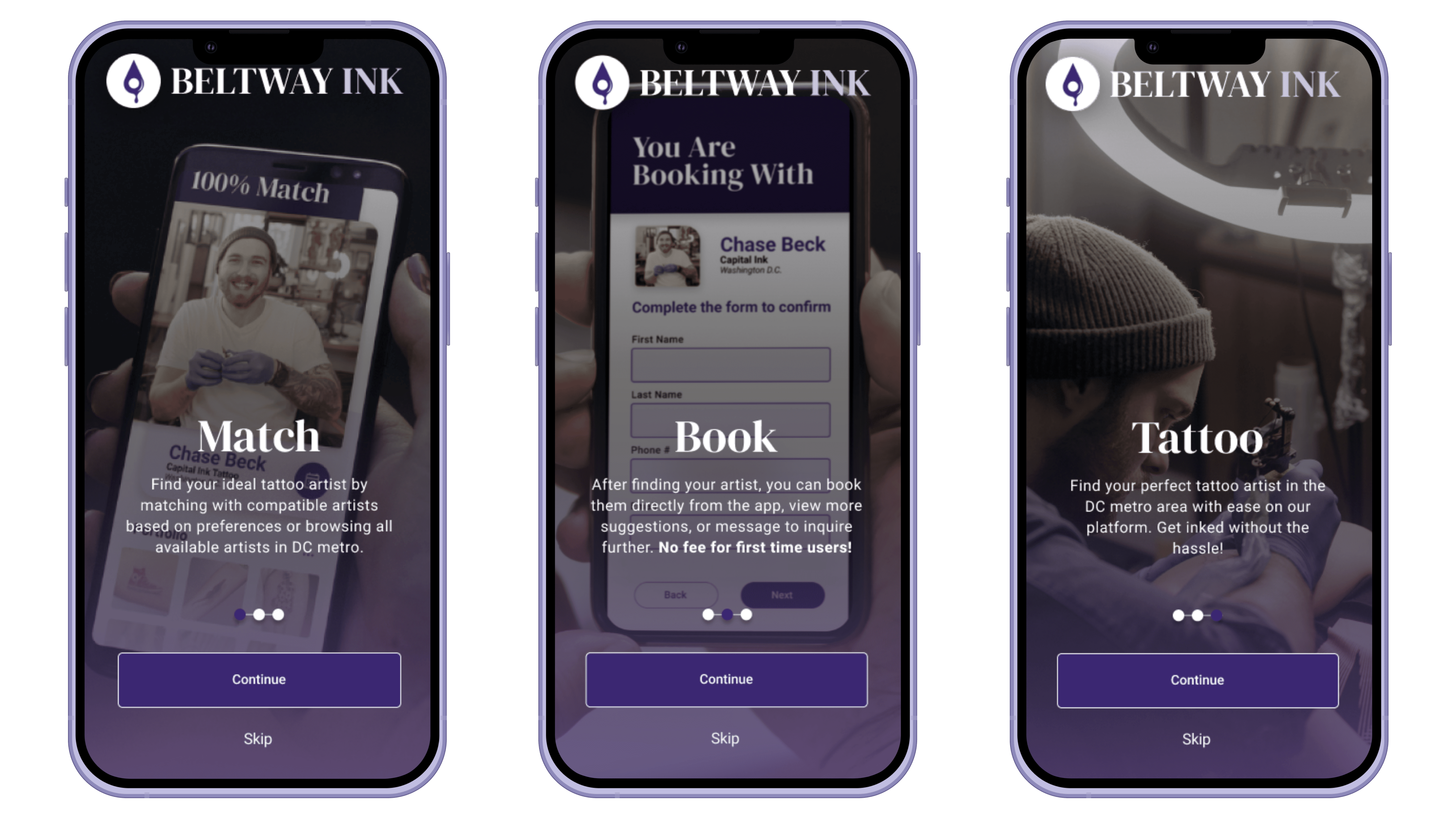 Three onboarding screens: Match with artists, Book appointments, Get your Tattoo