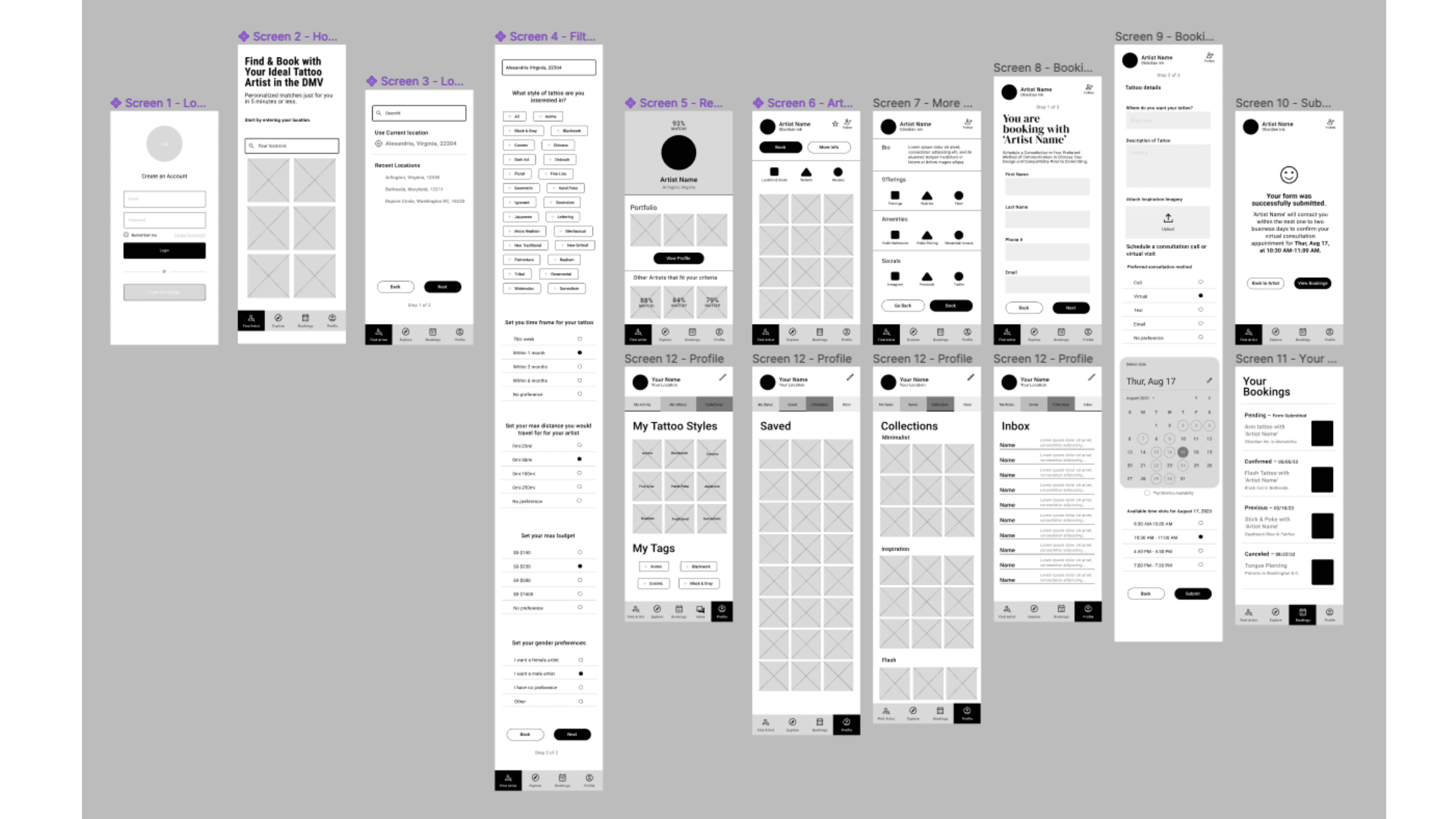 Mid-fidelity wireframes for all app screens