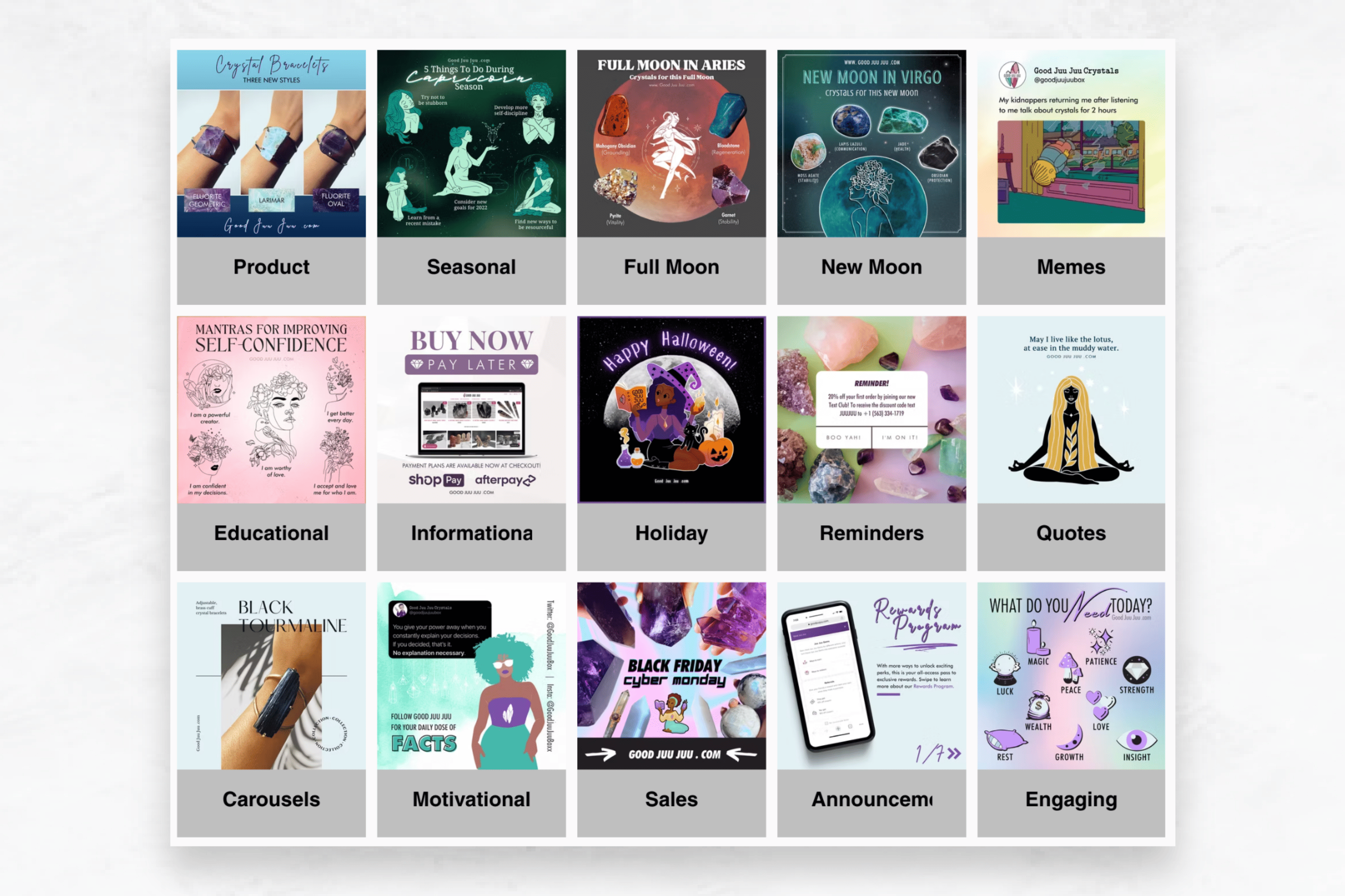 Grid of Good Juu Juu Instagram content categories including Product, Seasonal, Full Moon, New Moon, Memes, Educational, Holiday, Quotes, Carousels, and more