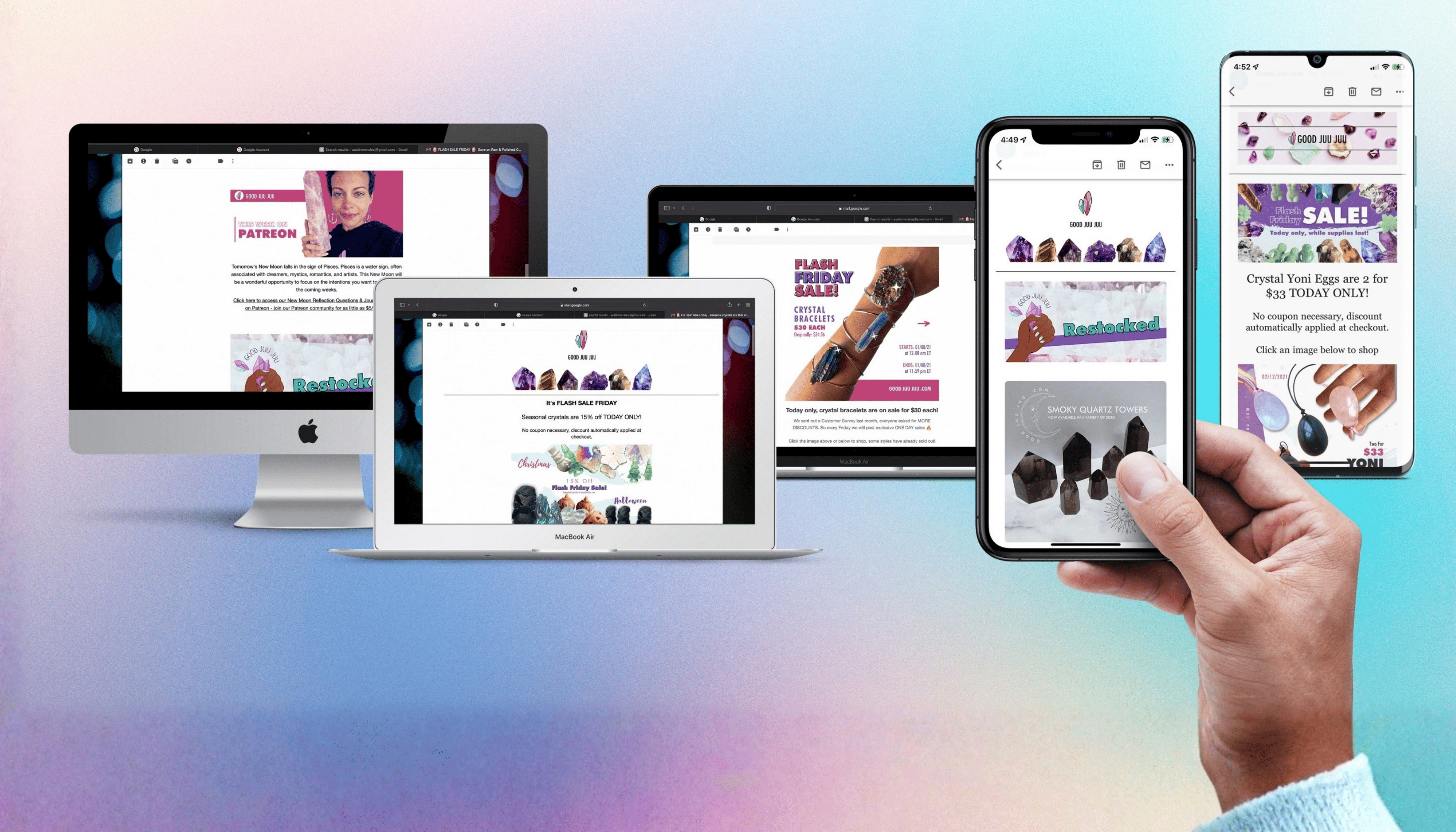 Good Juu Juu email campaigns shown across an iMac, MacBook, and two phones for a cross-device promotional experience