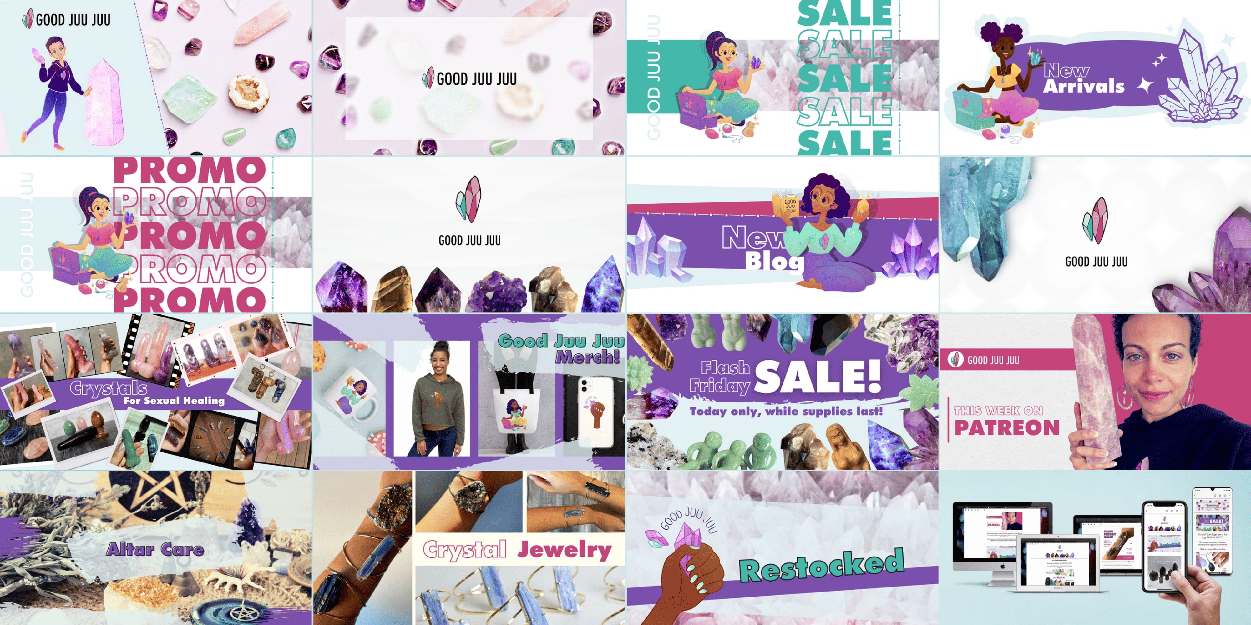 Library of Good Juu Juu email and promotional banner templates: sales, promos, new arrivals, blog, merch, and restock announcements