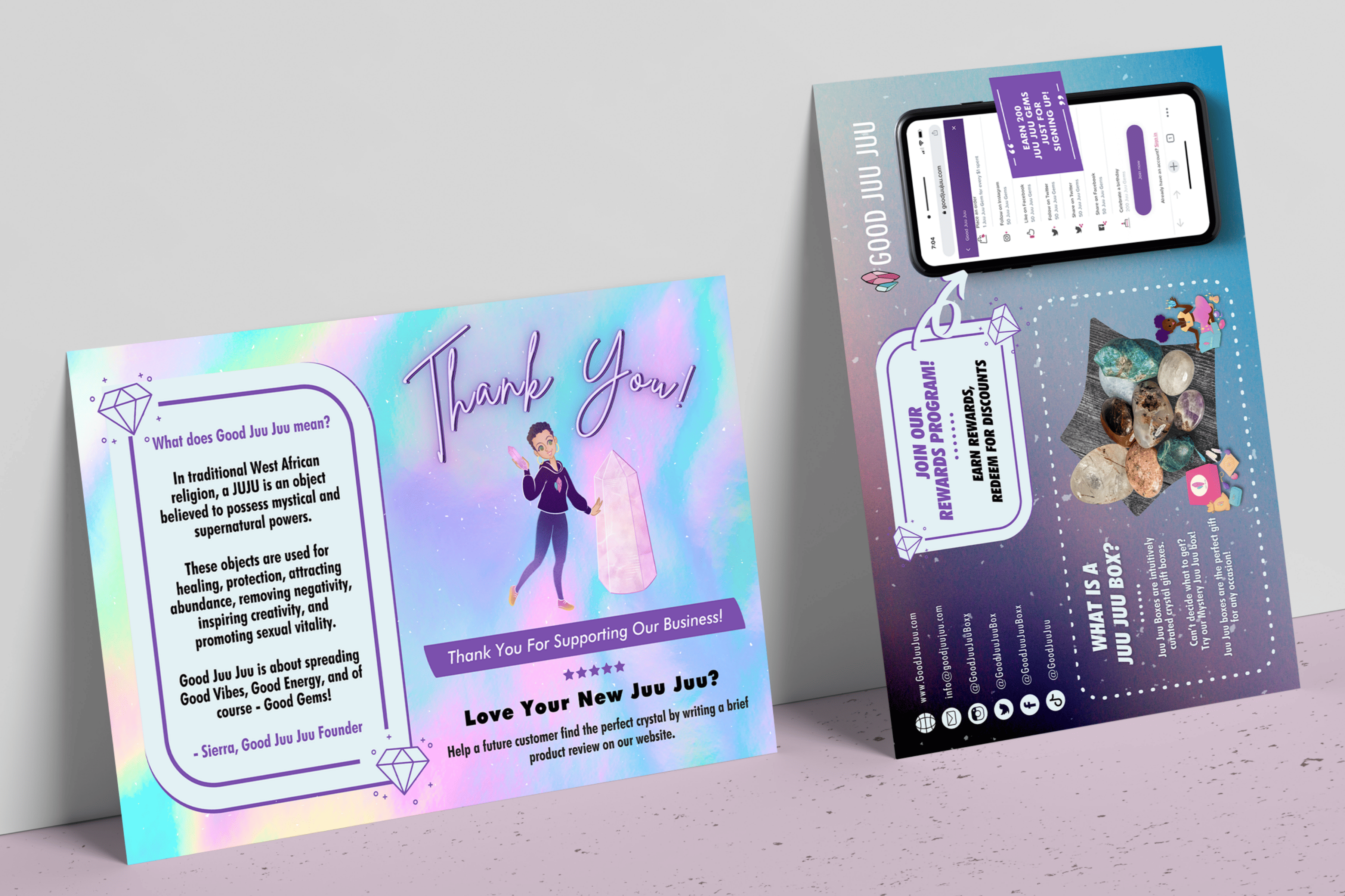 After: refreshed holographic Good Juu Juu thank-you insert cards with rewards program details