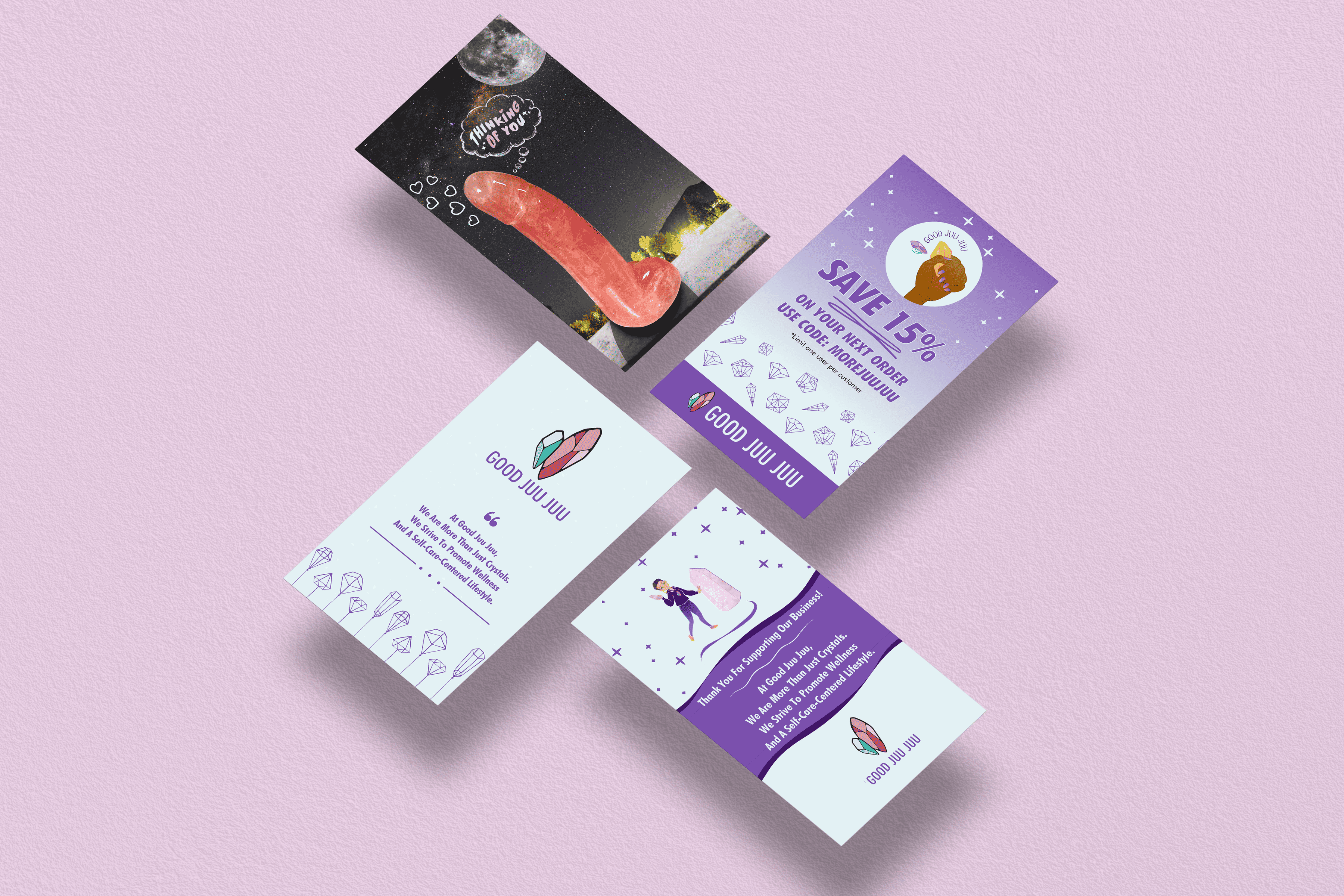 Refreshed Good Juu Juu insert cards including a thank-you card and a save-15-percent discount card