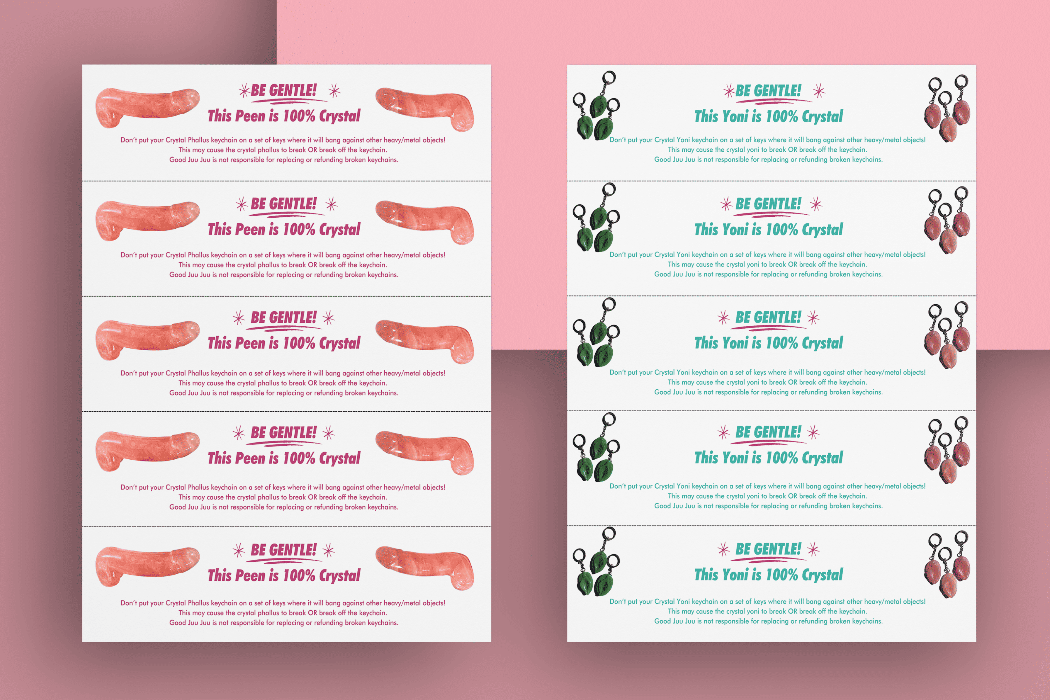 Good Juu Juu product care cards for crystal keychain products