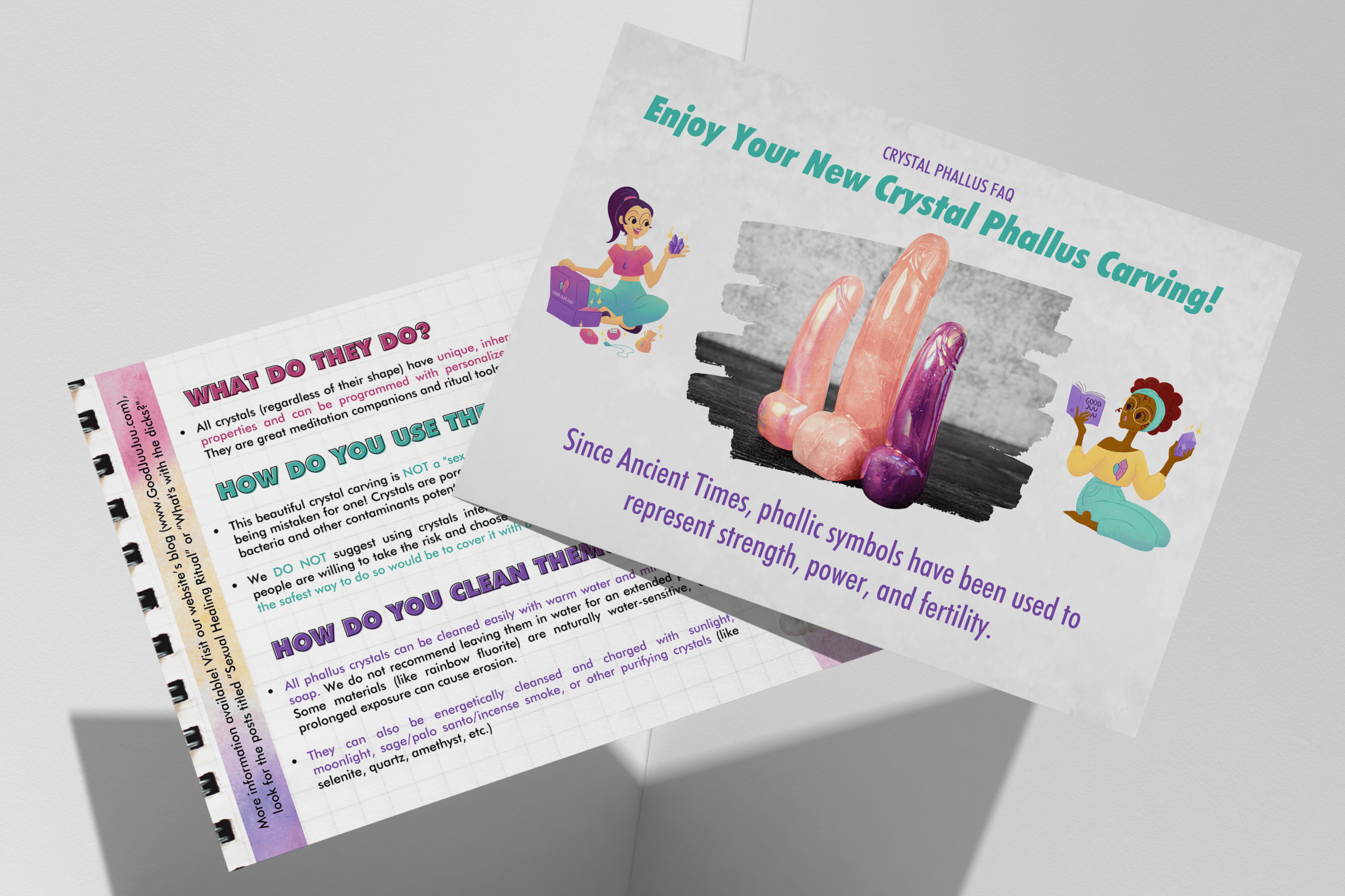 Good Juu Juu product FAQ care card for a crystal carving product line