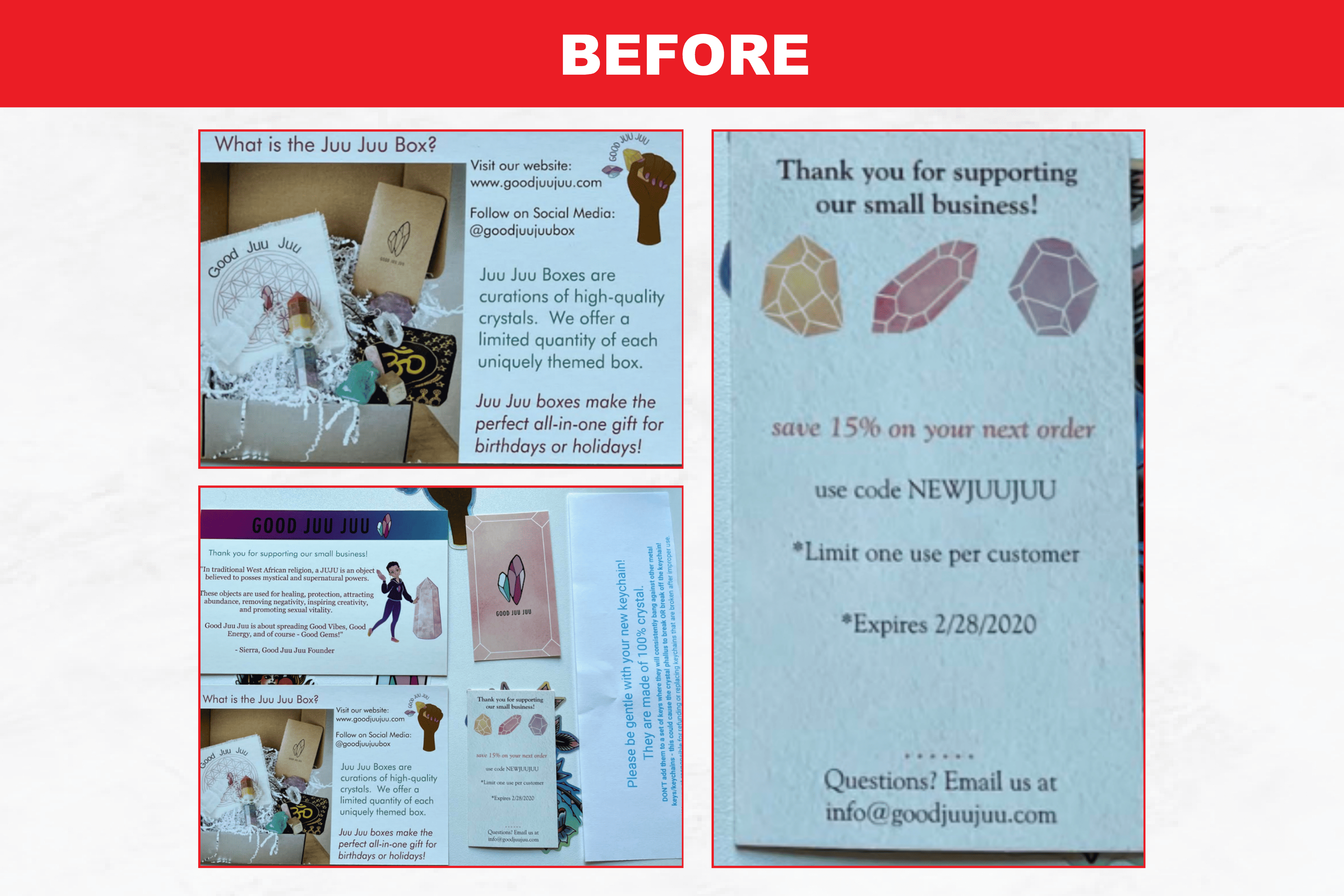 Before: original Good Juu Juu packaging inserts with plain informational cards