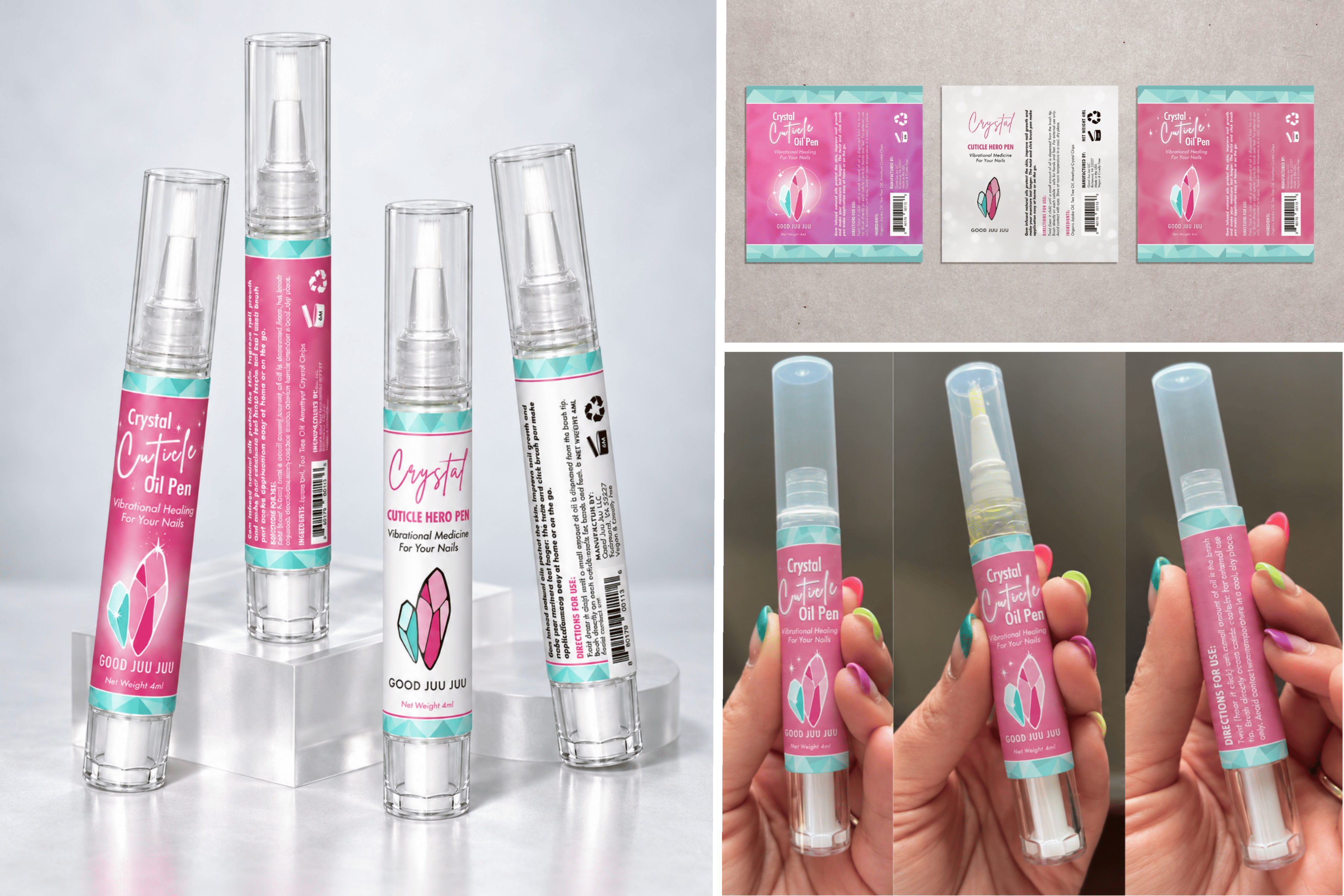 Good Juu Juu Crystal Cuticle Oil Pen product packaging, label variations, and in-hand product photography