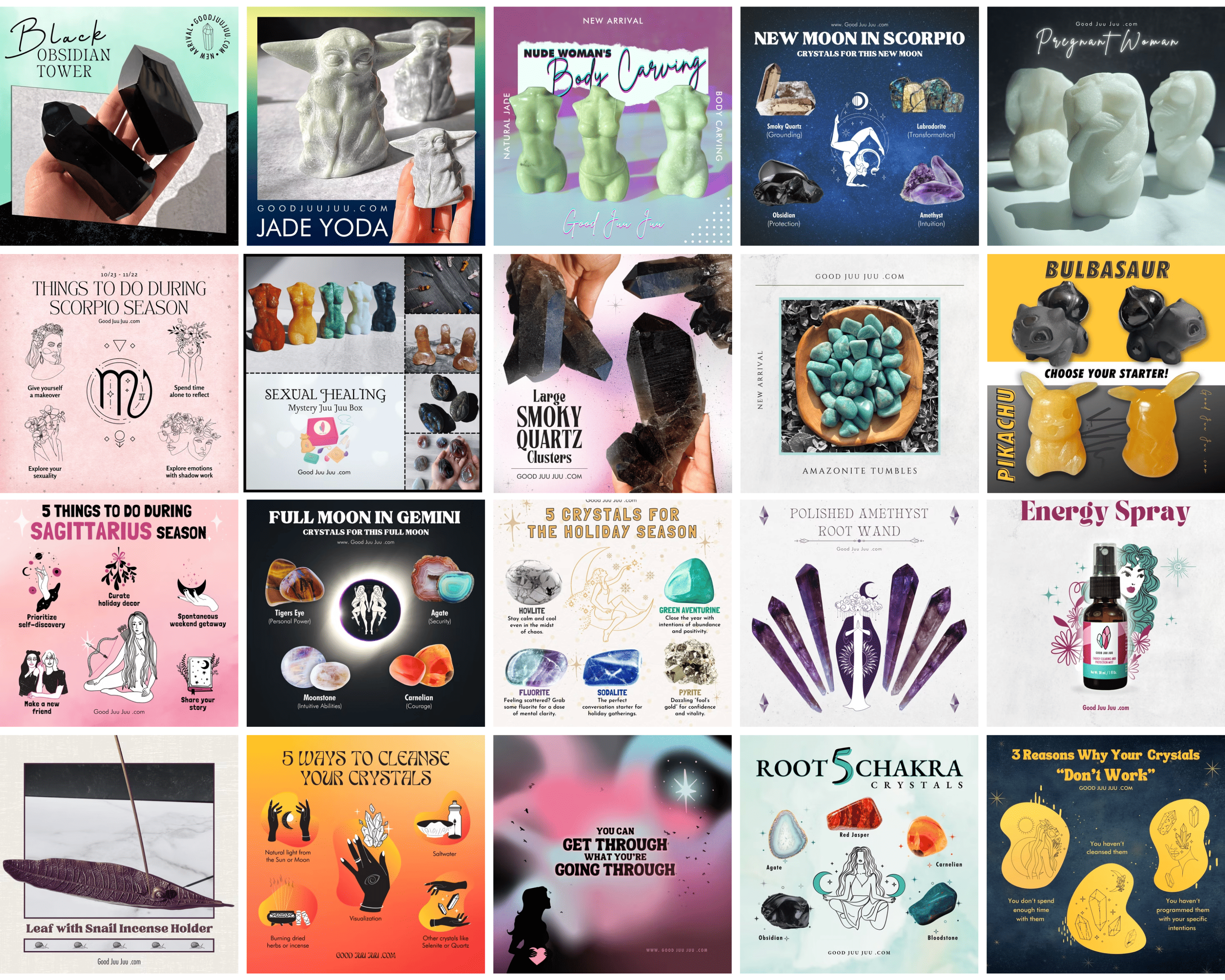 Good Juu Juu sample graphics set one: product features, seasonal, and educational crystal posts