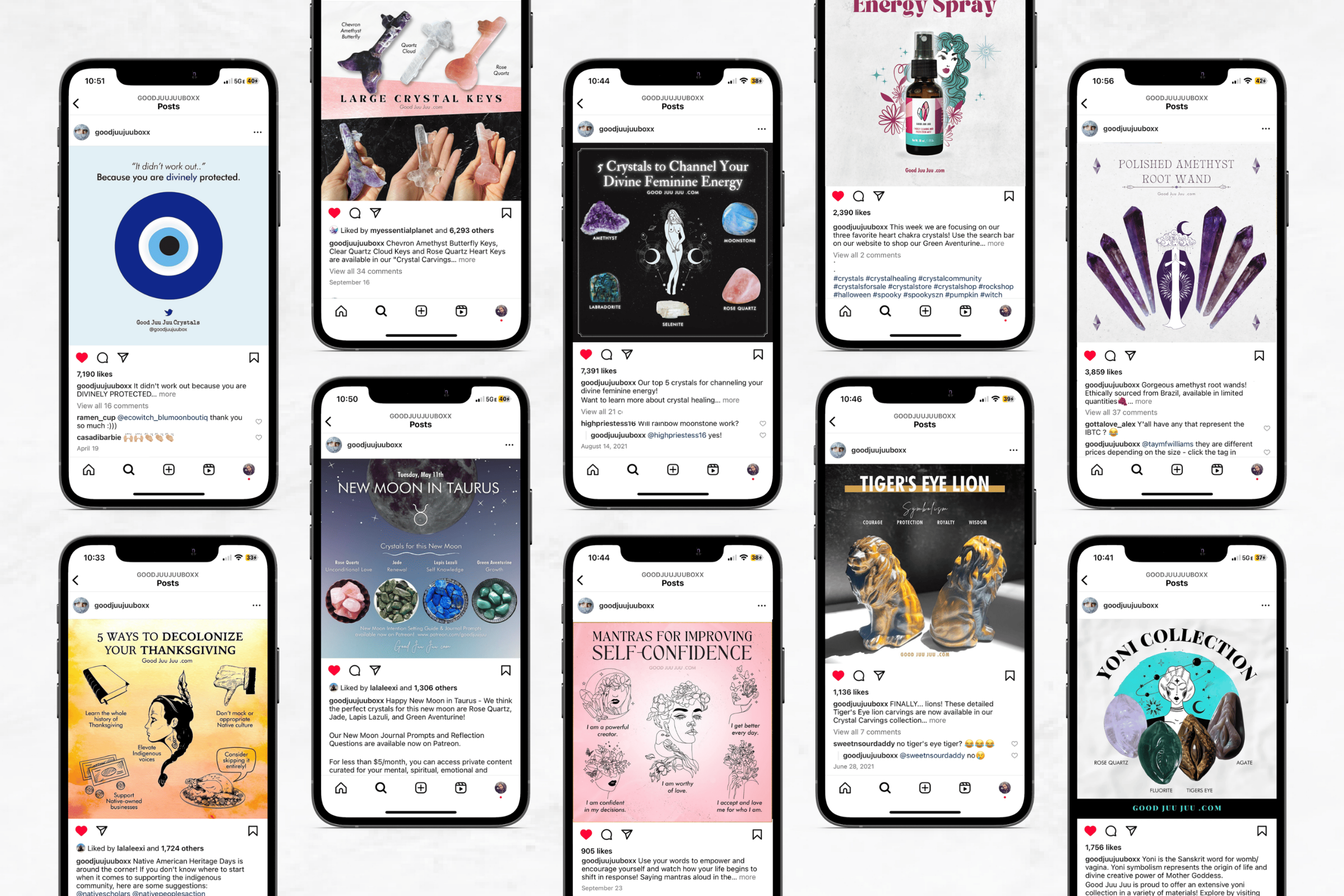 Grid of hands holding phones showing Good Juu Juu Instagram posts with like counts ranging from roughly one thousand to over seven thousand