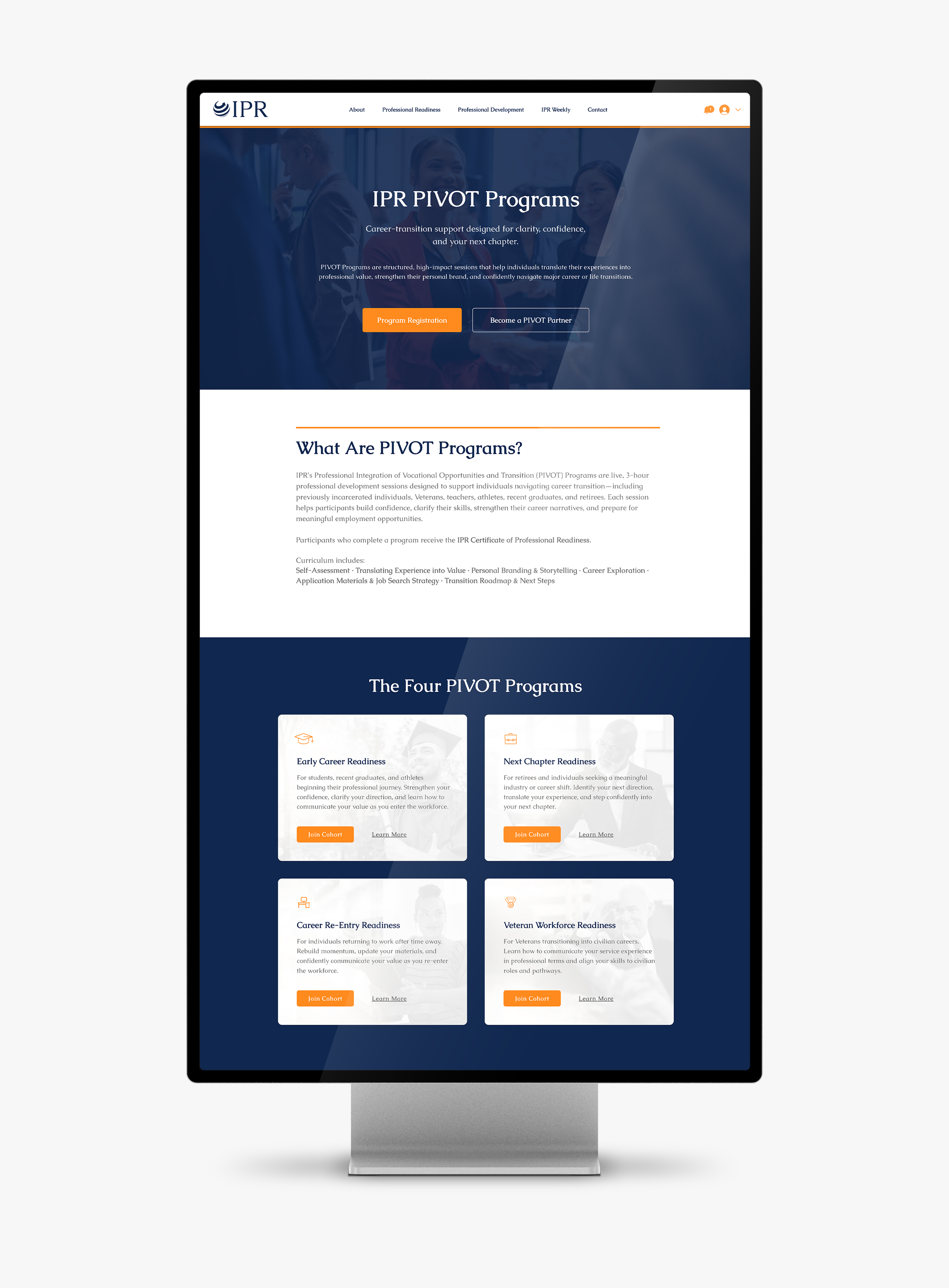 IPR PIVOT Programs page showing program registration, partnership tiers, and four career readiness program cards
