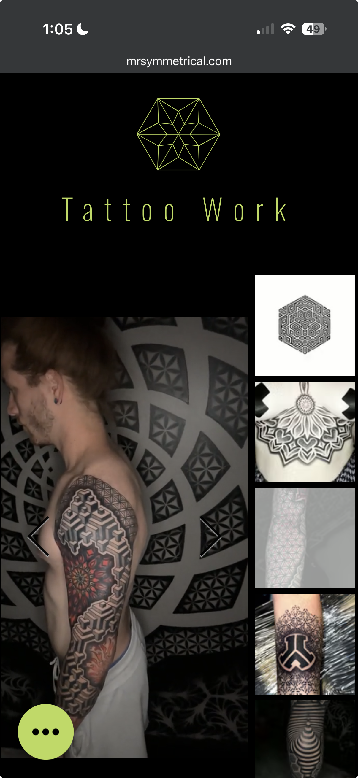 Mobile tattoo gallery view of the Mr. Symmetrical website