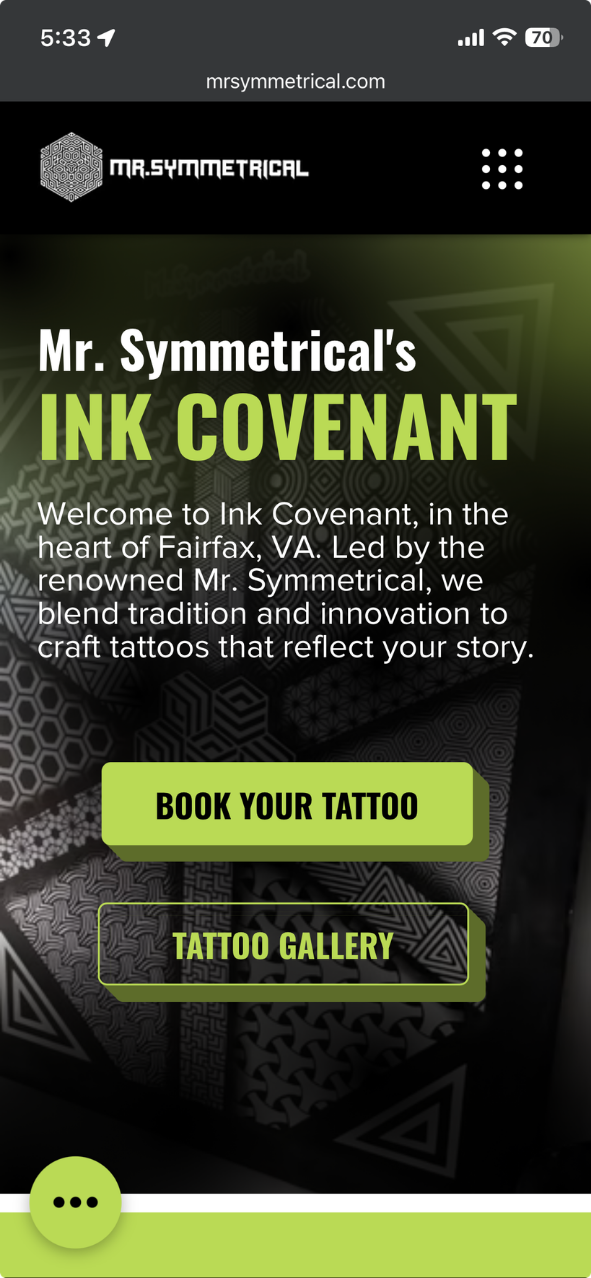 Mobile homepage view of the Mr. Symmetrical website