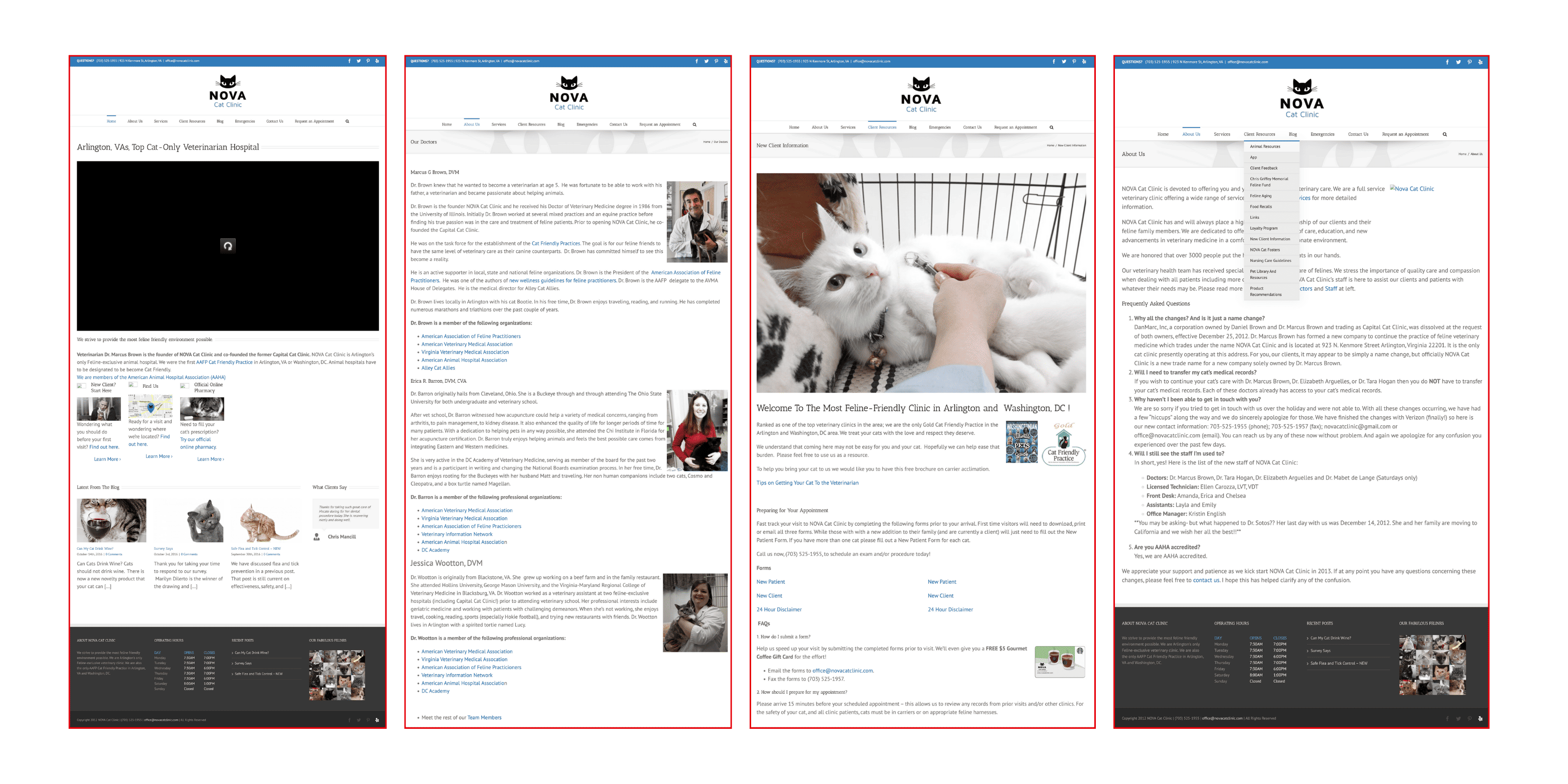 Screenshots of the original Nova Cat Clinic website showing cluttered layouts, inconsistent navigation, and lack of mobile responsiveness