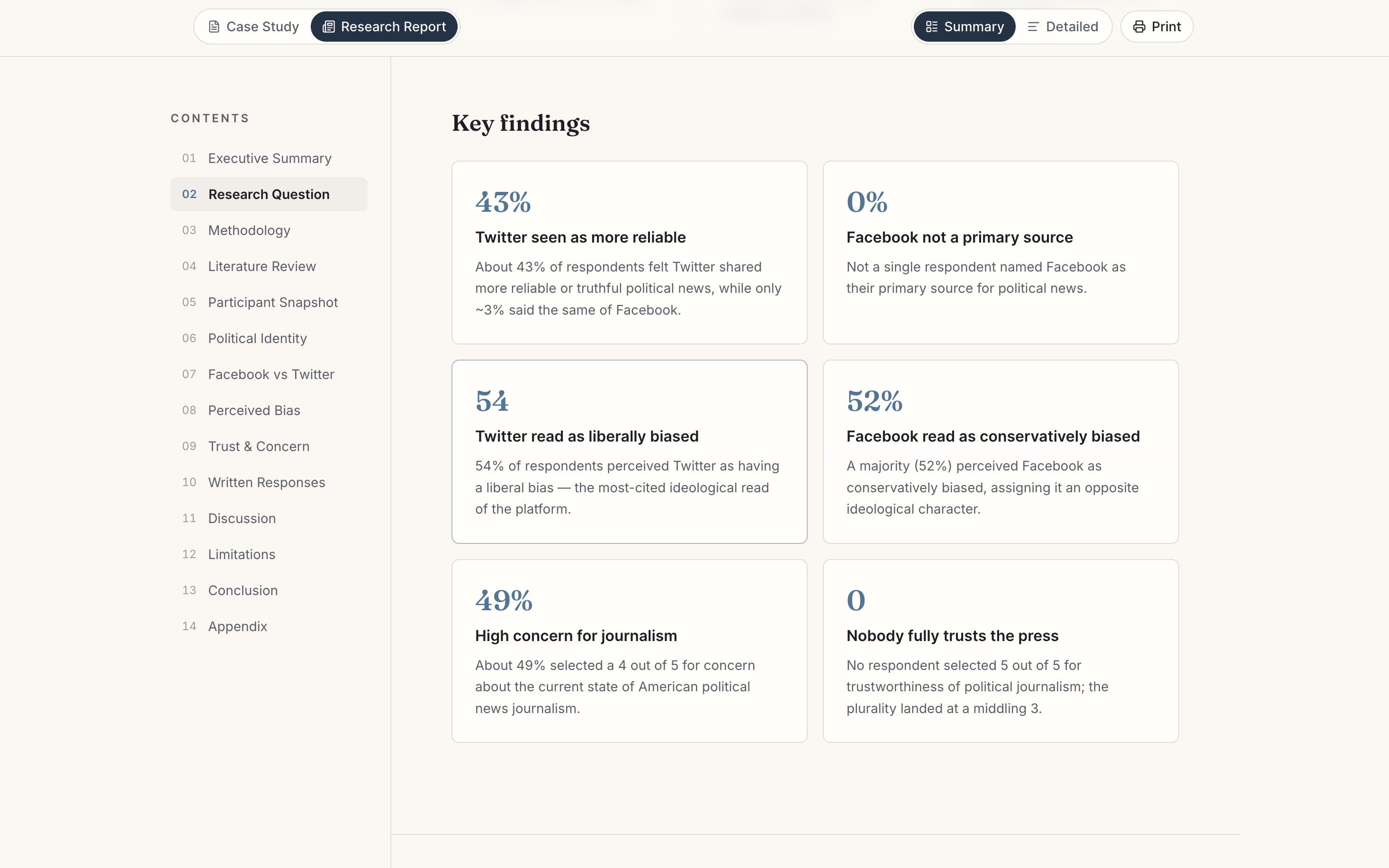 Redesigned key findings cards from the research report