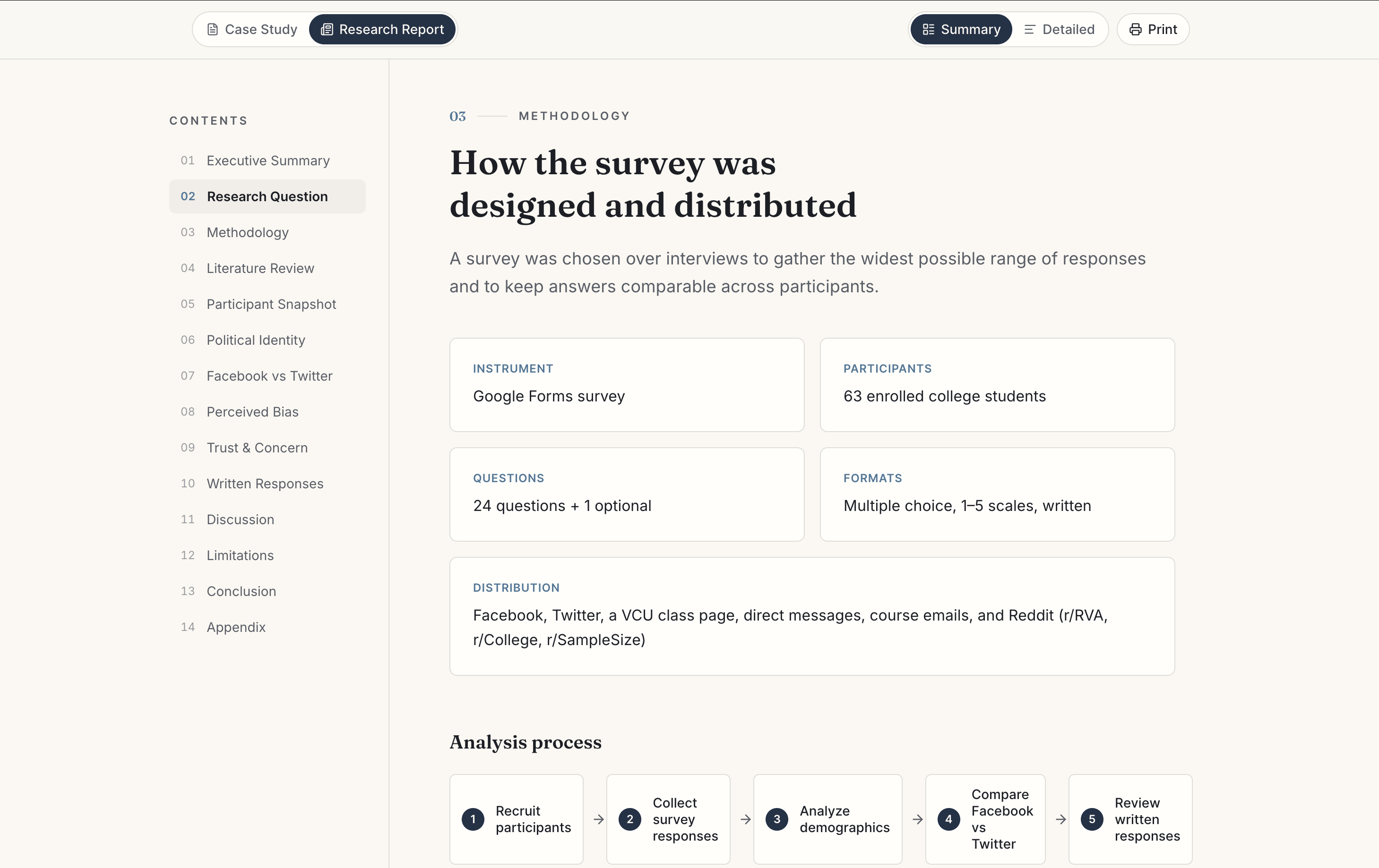 Redesigned methodology section with process cards