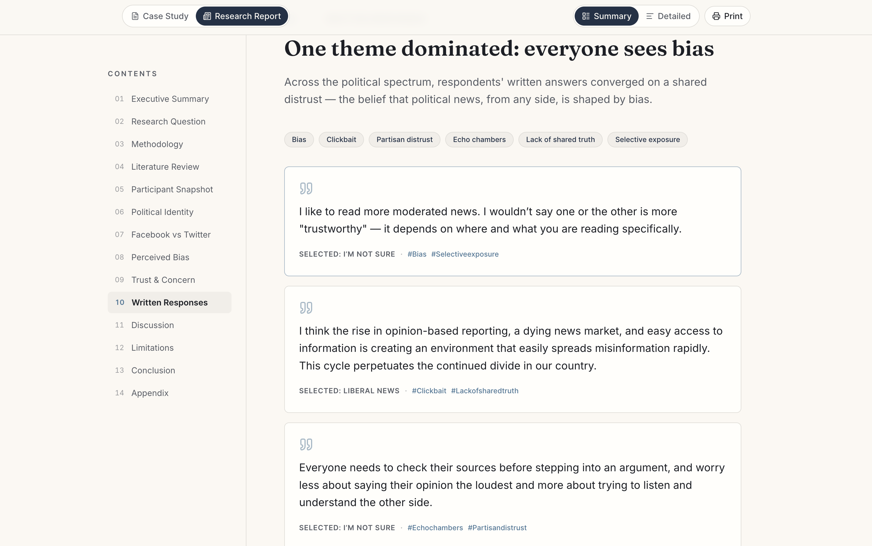 Redesigned written response themes section from the research report