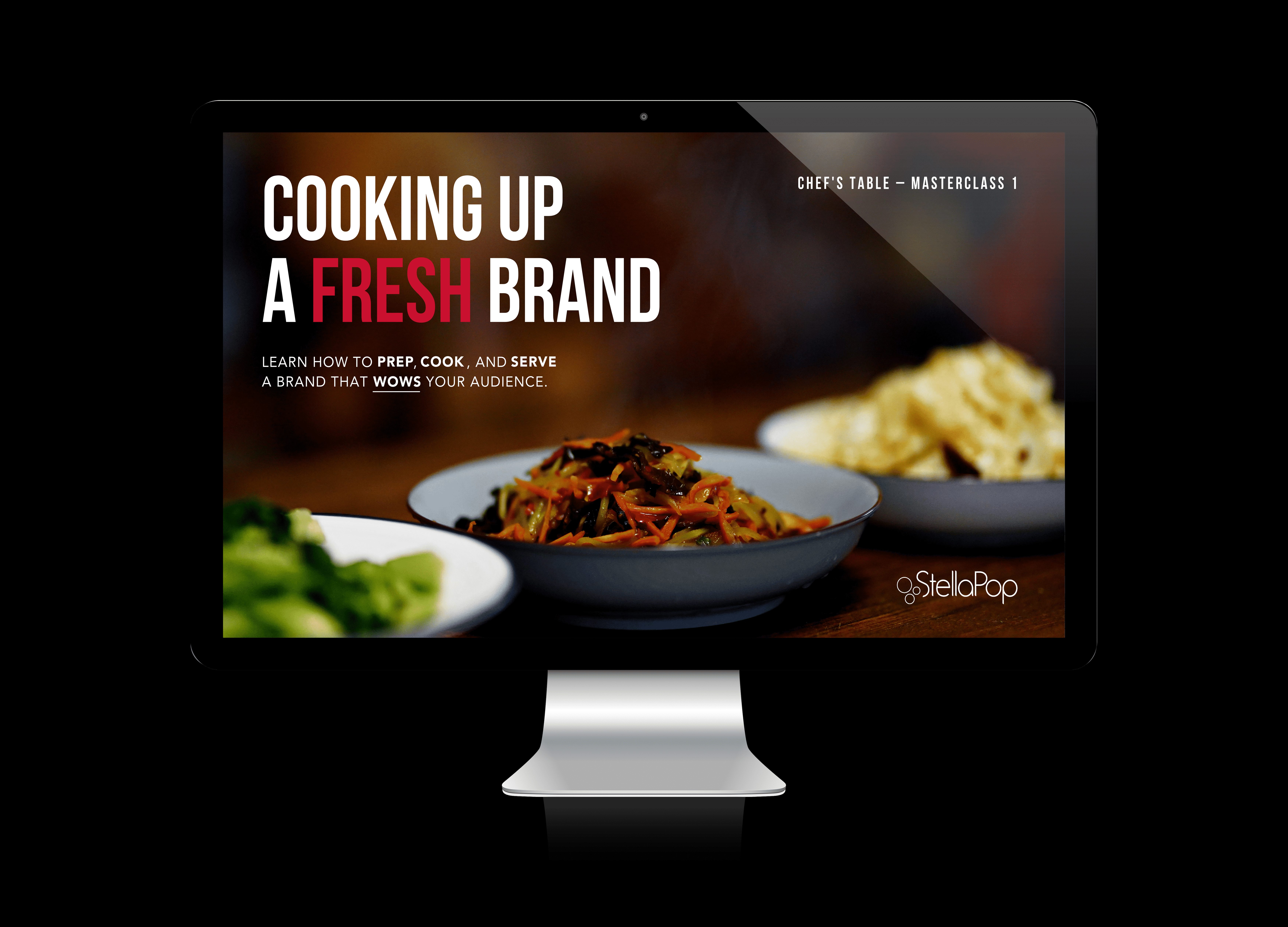 Masterclass 1 - Cooking Up a Fresh Brand presentation on iMac showing food photography and branding concepts