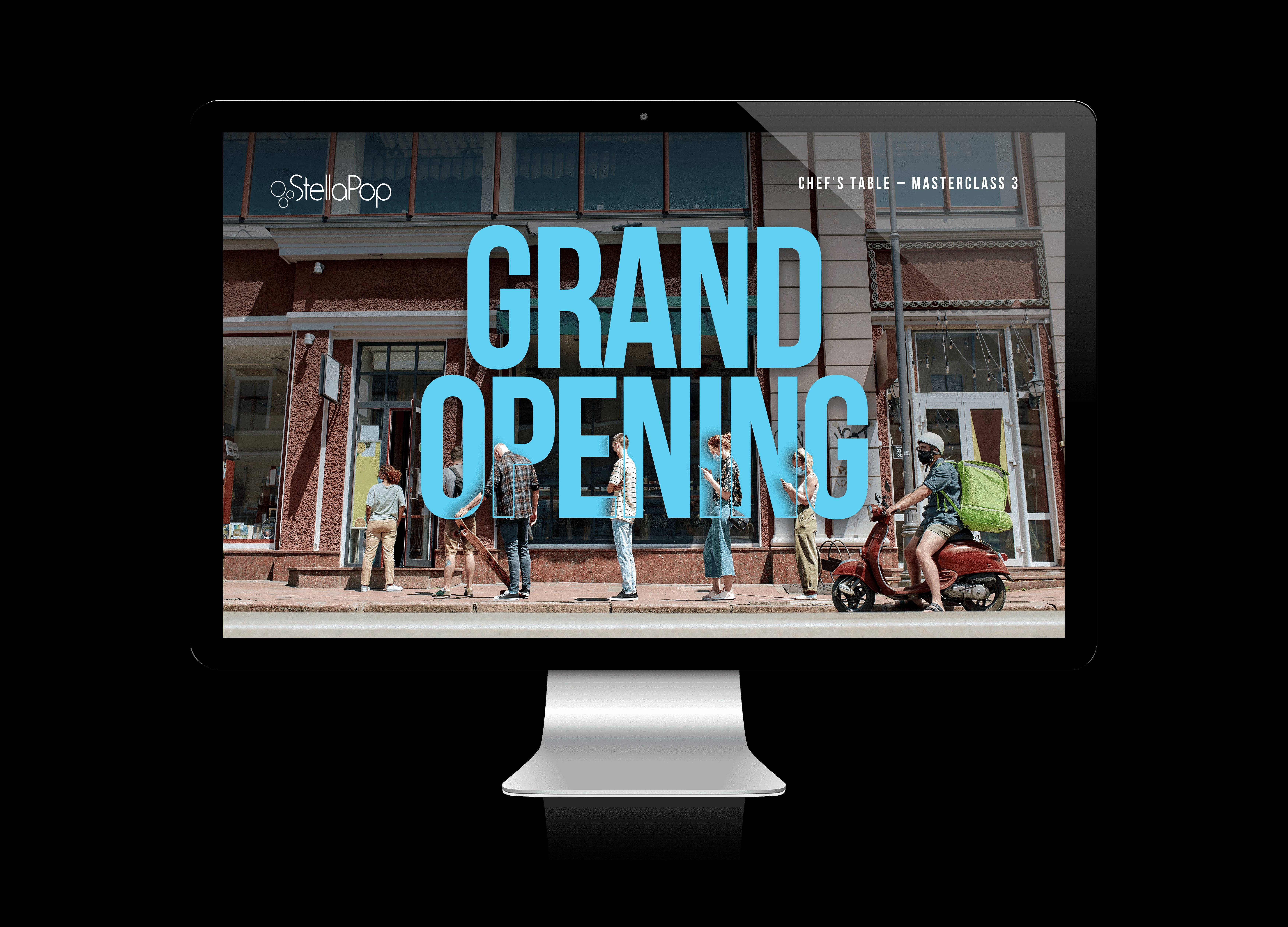 Masterclass 3 - Grand Opening presentation on iMac with people queuing outside storefront