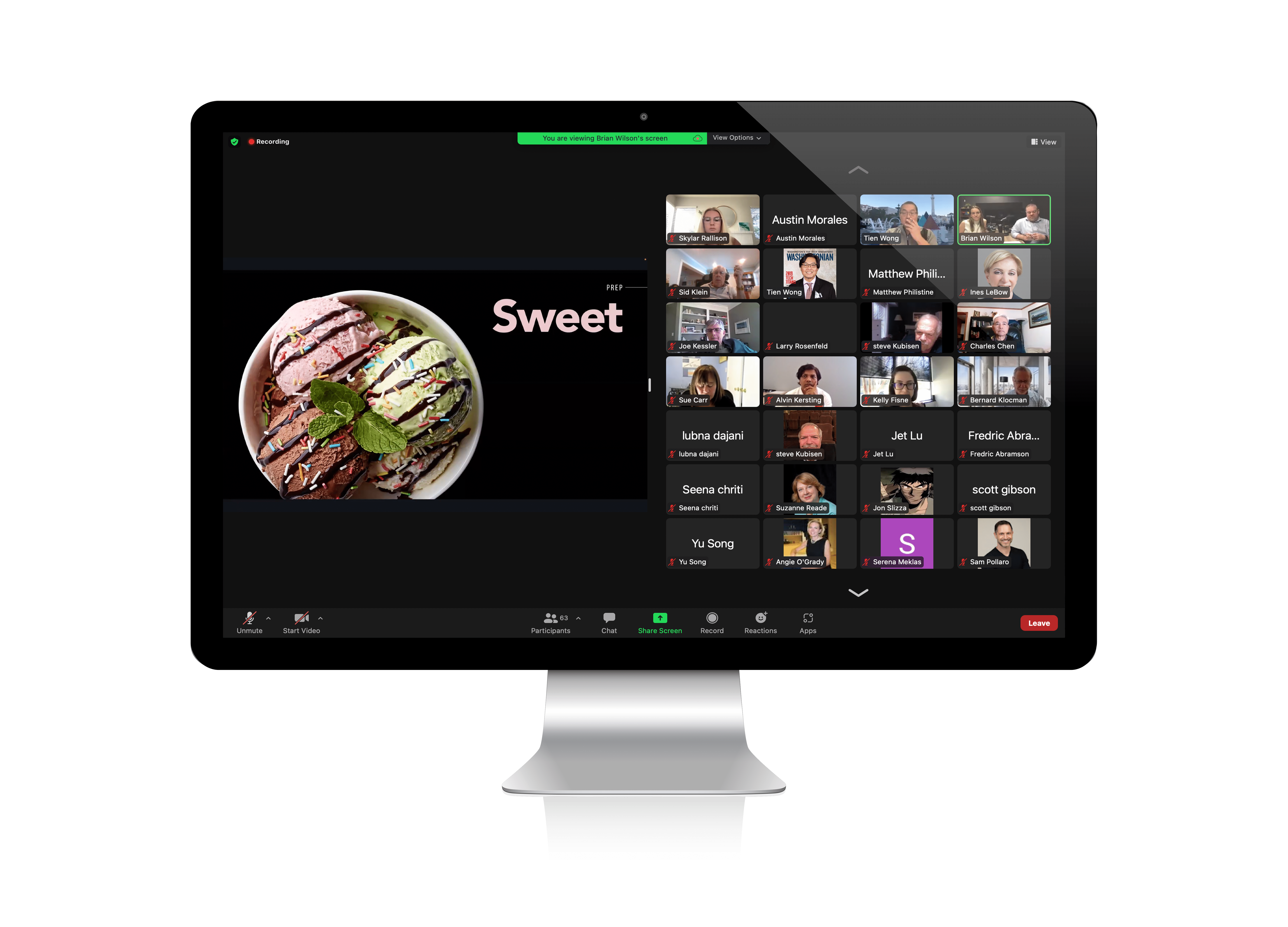 Zoom recording of Masterclass session with 63 participants viewing a Chef's Table branded presentation slide